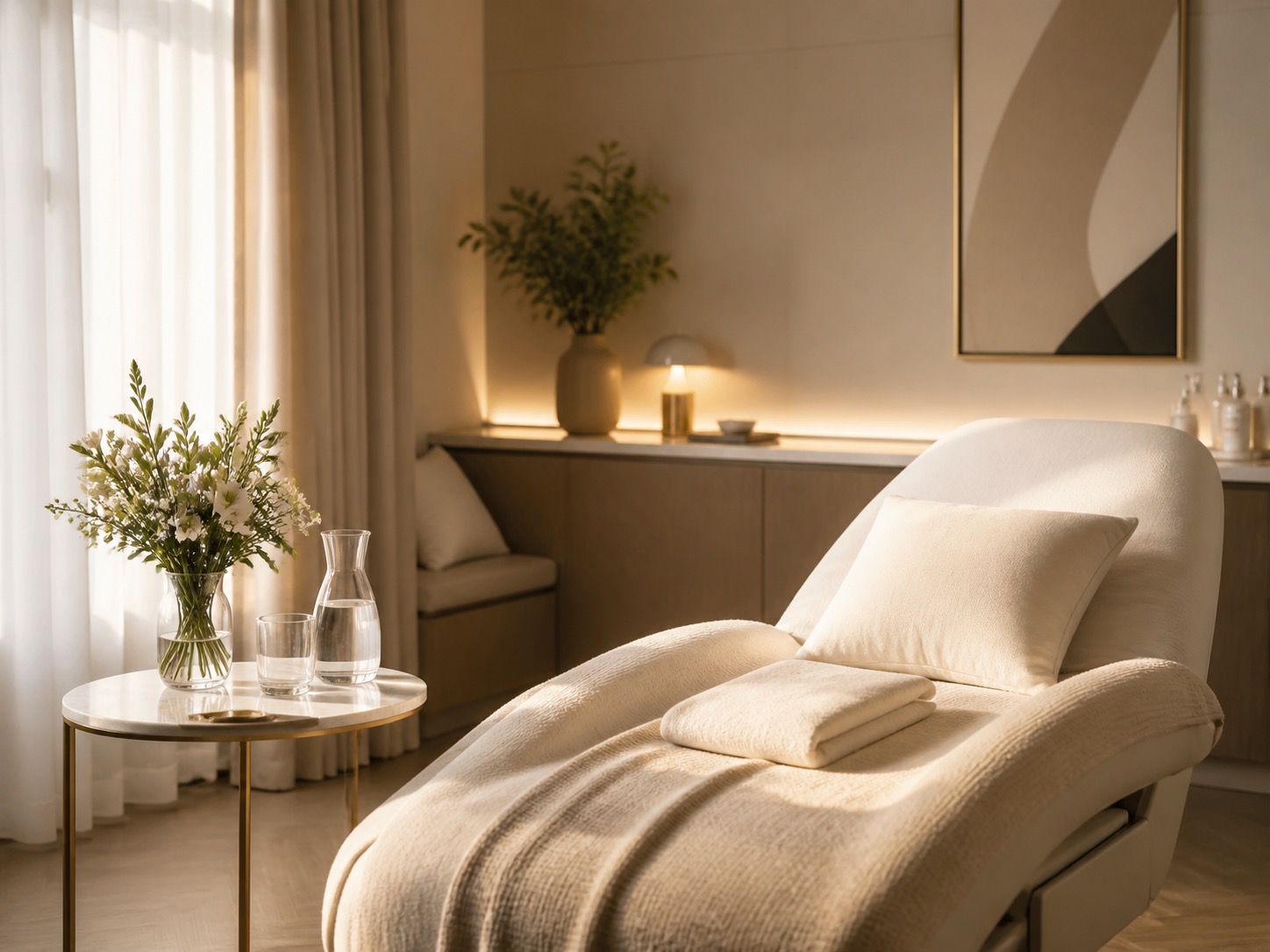 Elegantes Erholungszimmer mit weichem Tageslicht, frisch bezogenem Bett und ruhiger Atmosphäre nach einer ästhetischen Behandlung.