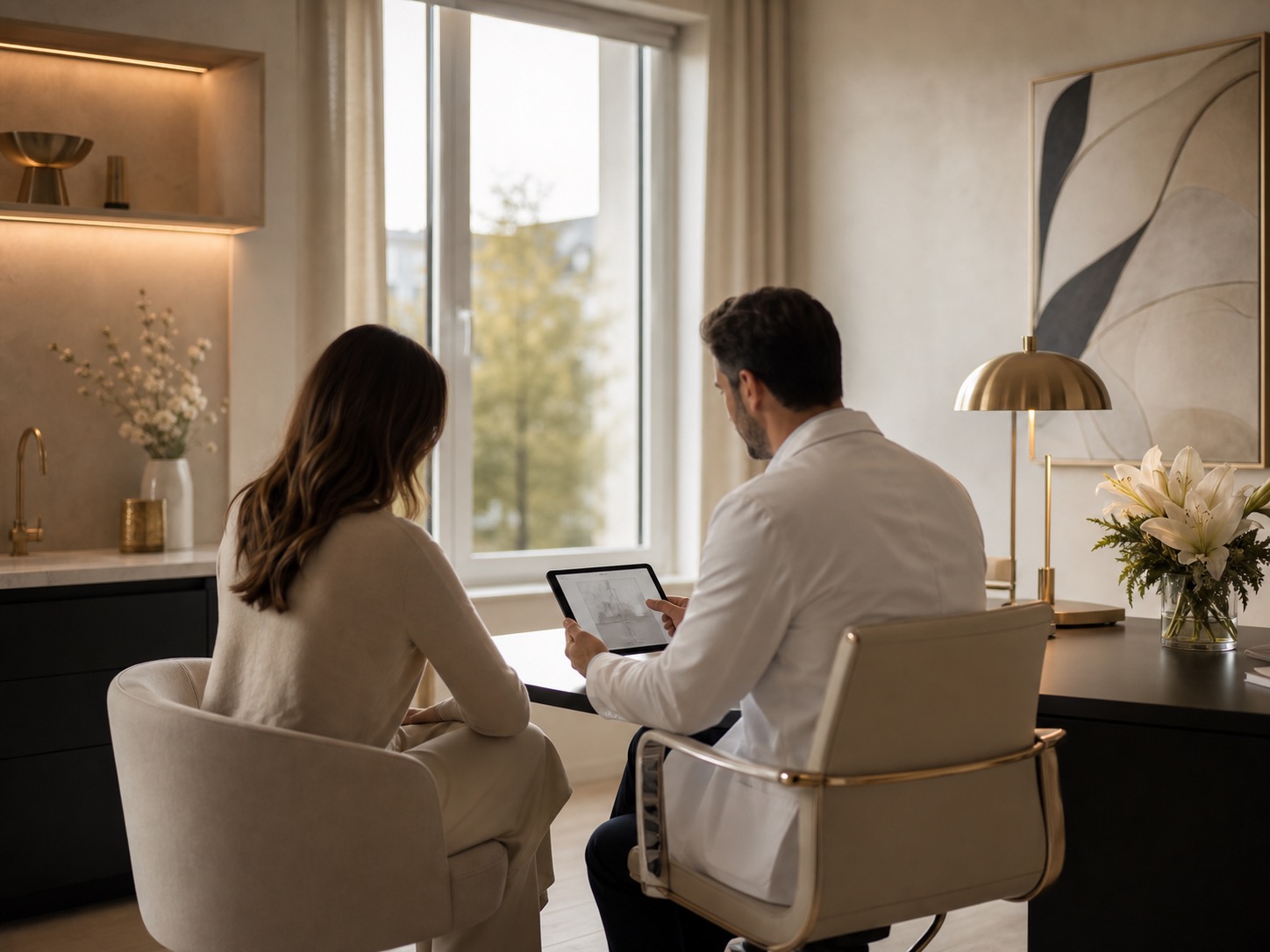 Elegantes Beratungszimmer, in dem Arzt und Patientin gemeinsam einen Behandlungsplan besprechen.