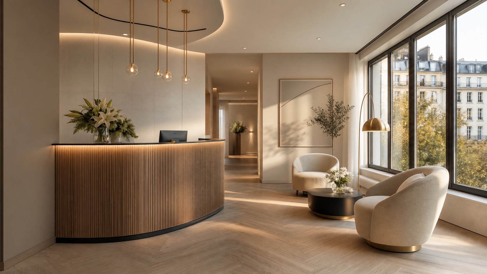 Moderne, elegante Empfangslounge der Praxis MKG Berlin mit warmem Holz und cremefarbenen Tönen.